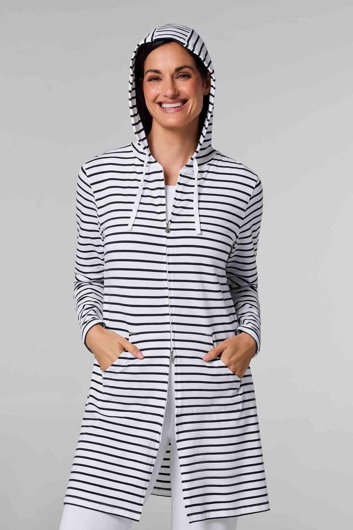 Women's Long Zip-Up Hoodie | White/Navy Stripe position-1