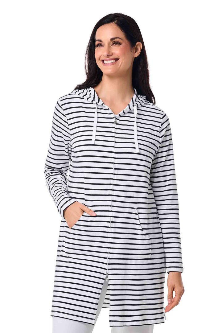 Women's Long Zip-Up Hoodie | White/Navy Stripe position-2