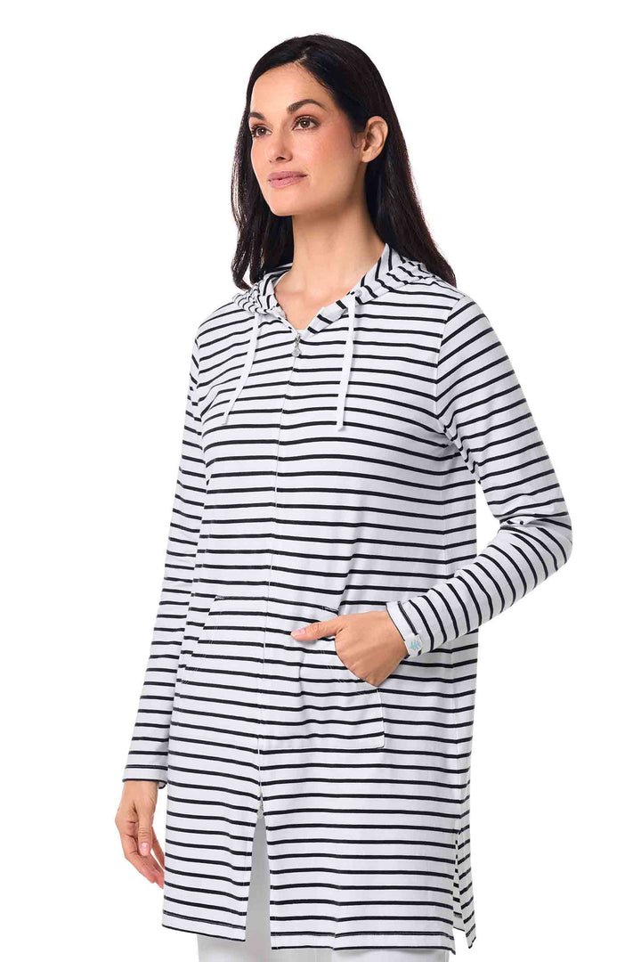 Women's Long Zip-Up Hoodie | White/Navy Stripe position-3