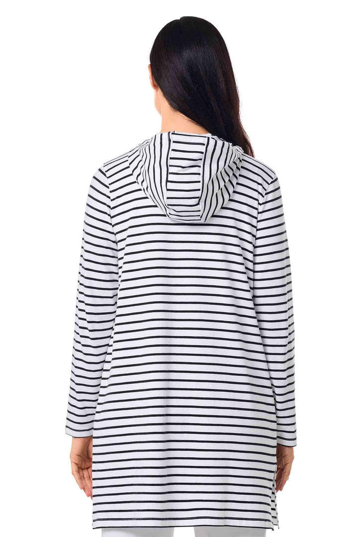 Women's Long Zip-Up Hoodie | White/Navy Stripe position-4