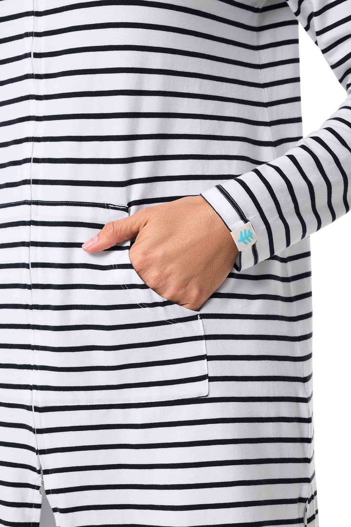 Women's Long Zip-Up Hoodie | White/Navy Stripe position-5