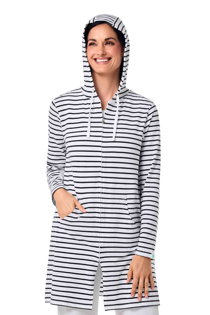 Women's Long Zip-Up Hoodie | White/Navy Stripe position-7