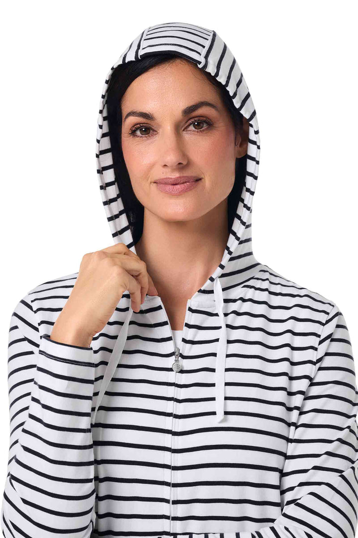 Women's Long Zip-Up Hoodie | White/Navy Stripe position-8