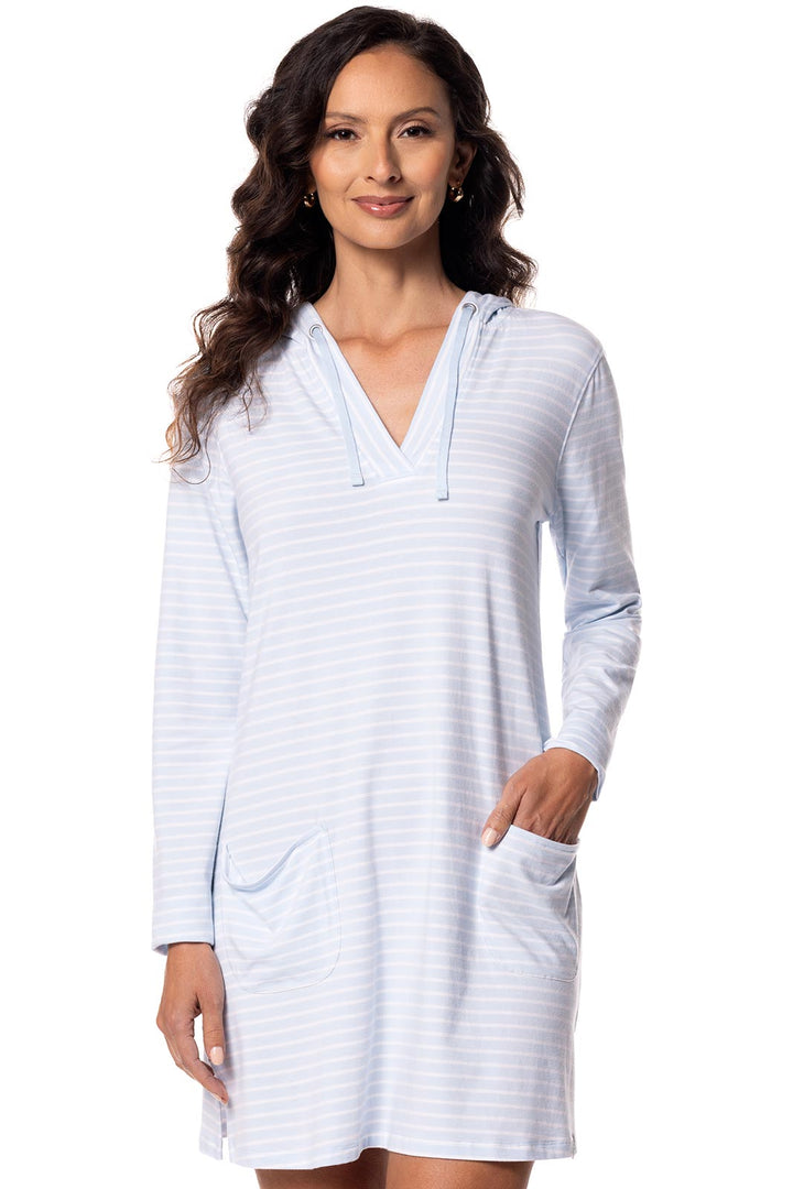 Hoodie Cover-Up Dress with Pockets | Skyride/White Stripe position-2