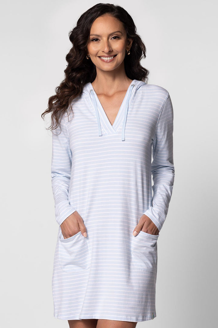 Hoodie Cover-Up Dress with Pockets | Skyride/White Stripe position-10