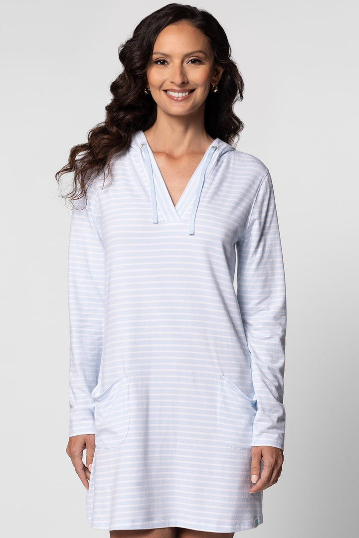 Hoodie Cover-Up Dress with Pockets | Skyride/White Stripe position-11