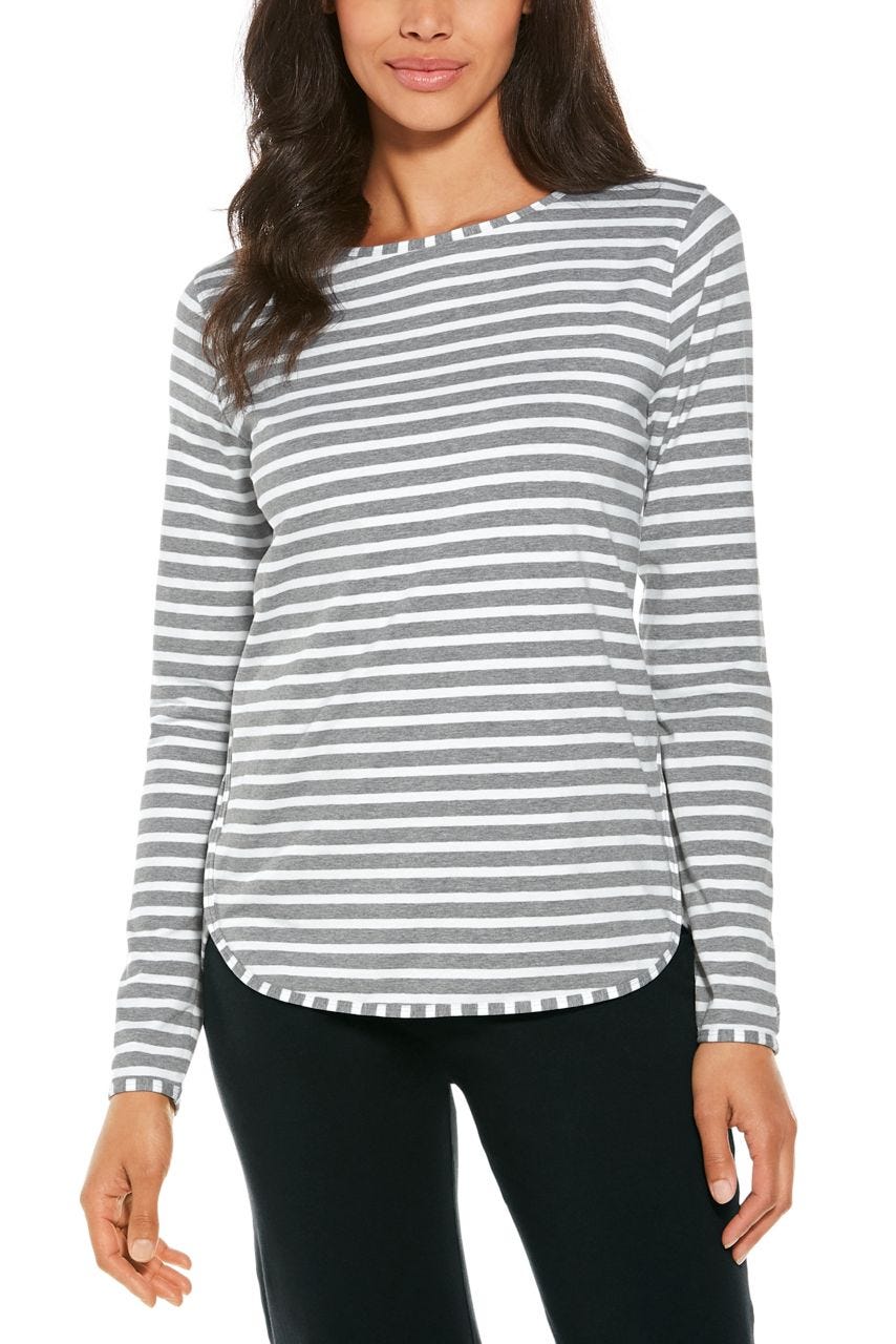 Women's Side Split Long Sleeve Shirt | Grey/White Stripe
