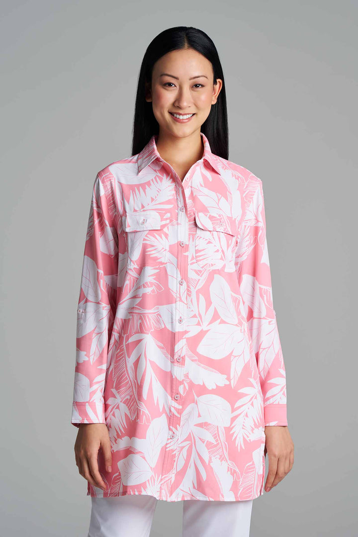 Women's Tunic Long Sleeve Shirt | Flamingo Pink Palm Paradise position-1