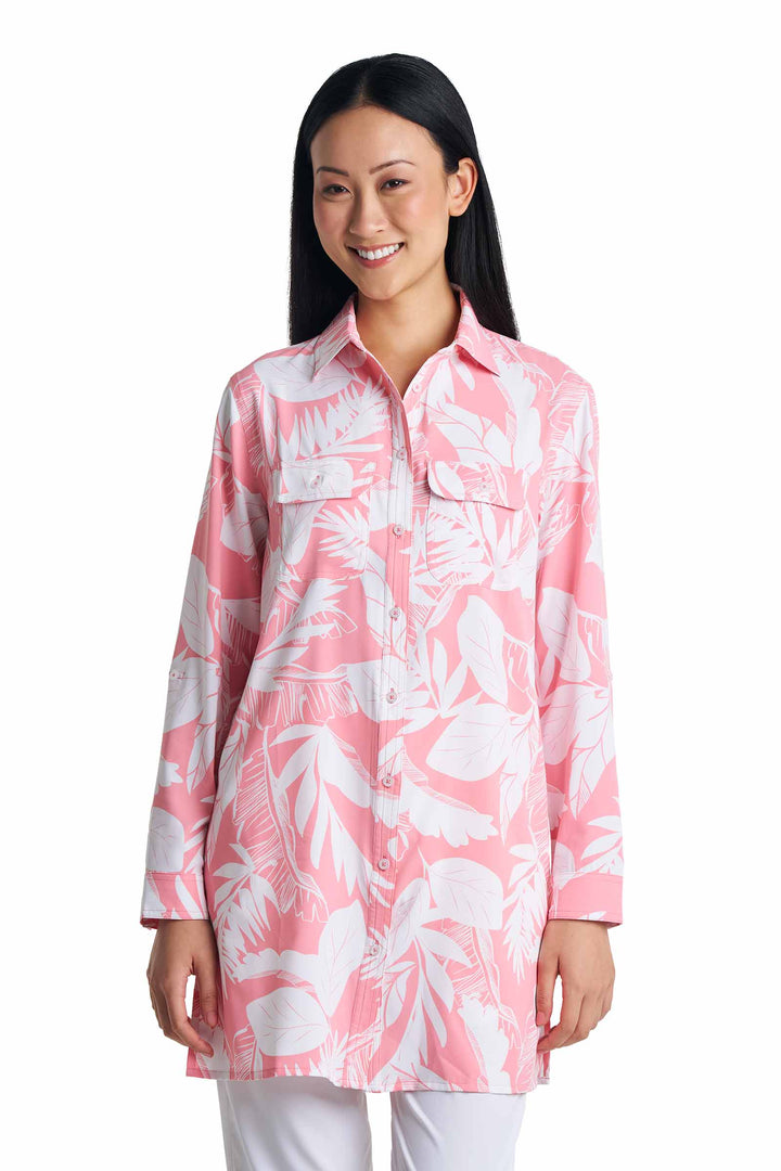 Women's Tunic Long Sleeve Shirt | Flamingo Pink Palm Paradise position-2