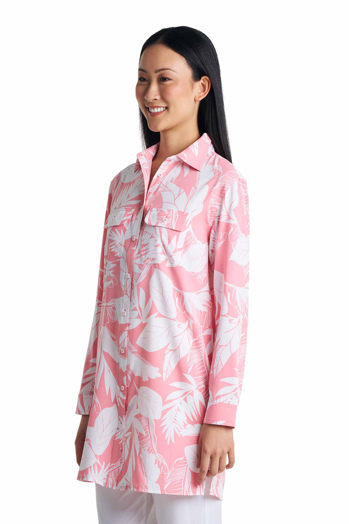 Women's Tunic Long Sleeve Shirt | Flamingo Pink Palm Paradise position-3