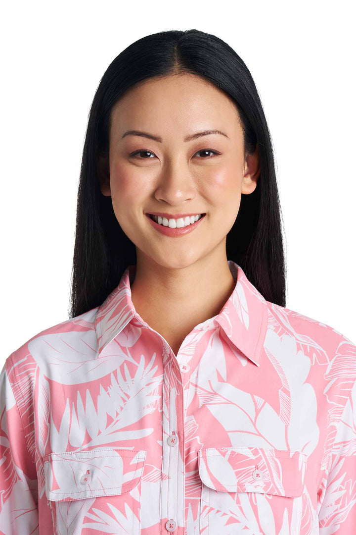 Women's Tunic Long Sleeve Shirt | Flamingo Pink Palm Paradise position-6