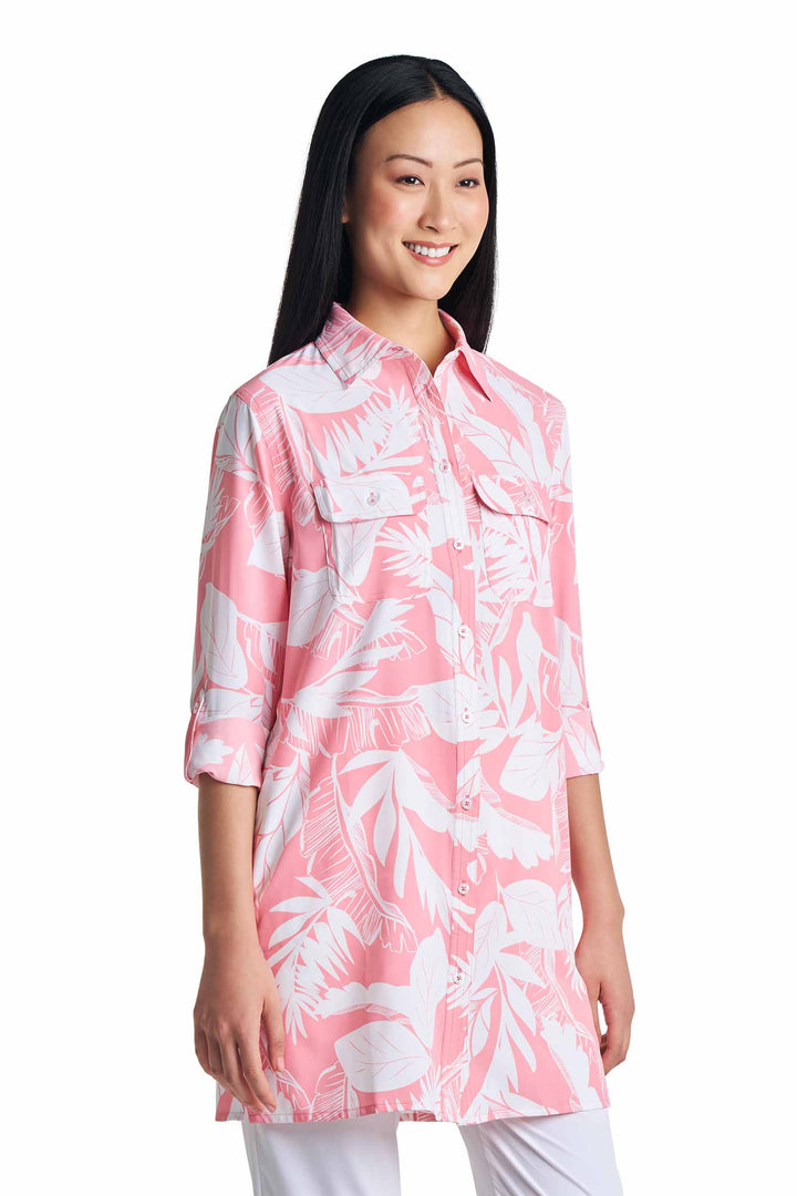 Women's Tunic Long Sleeve Shirt | Flamingo Pink Palm Paradise position-8