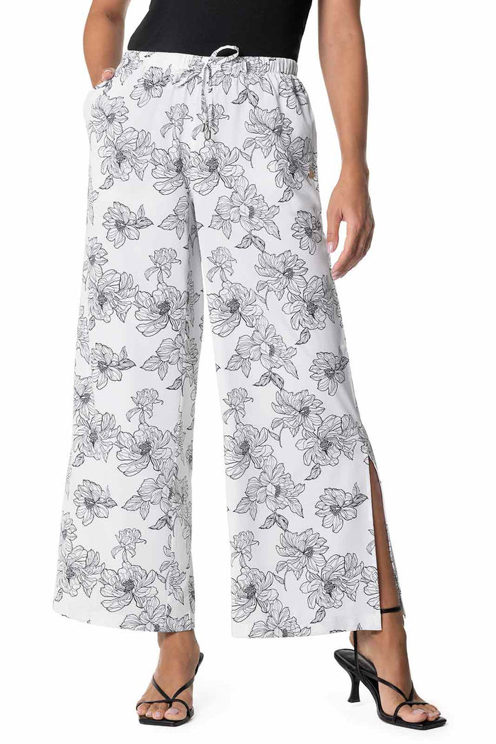 Women's Wide Leg Pants with Side Slits | White/Black Perfect Peony position-1