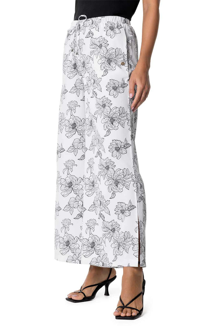 Women's Wide Leg Pants with Side Slits | White/Black Perfect Peony position-2