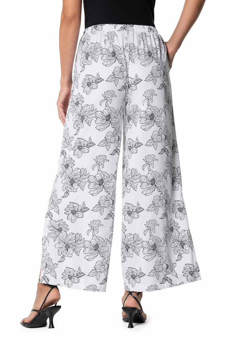 Women's Wide Leg Pants with Side Slits | White/Black Perfect Peony position-3
