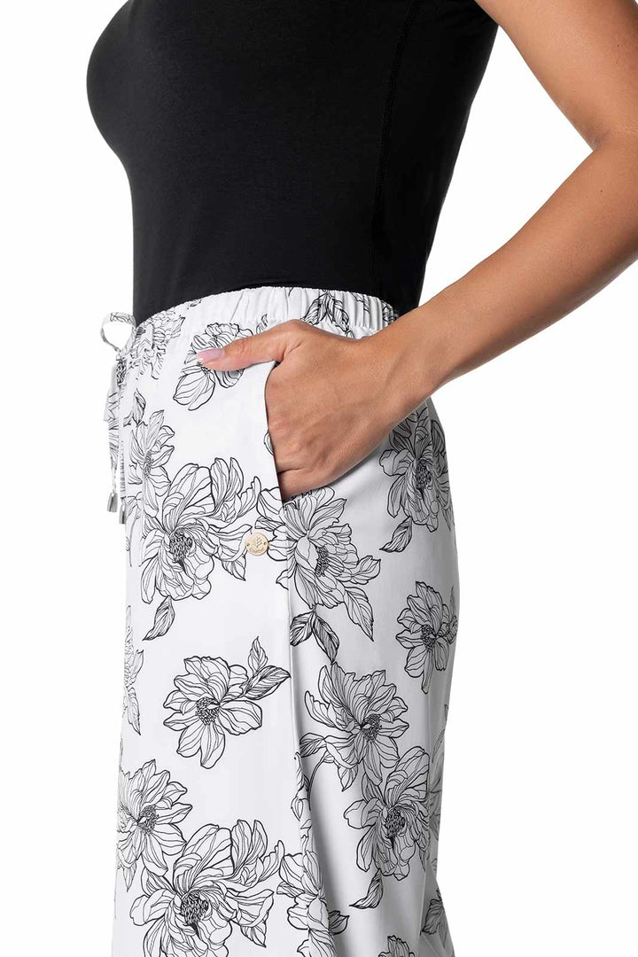 Women's Wide Leg Pants with Side Slits | White/Black Perfect Peony position-5