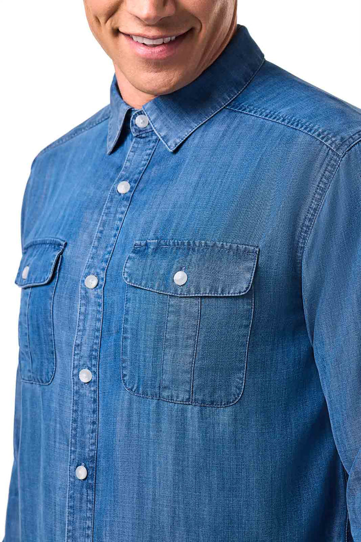 Men's Chambray Long Sleeve Shirt | Light Indigo Chambray position-7