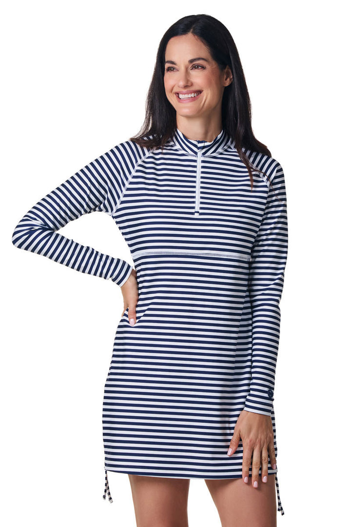 Women's Ruche Long Sleeve Swim Shirt | White/Navy Stripe position-4