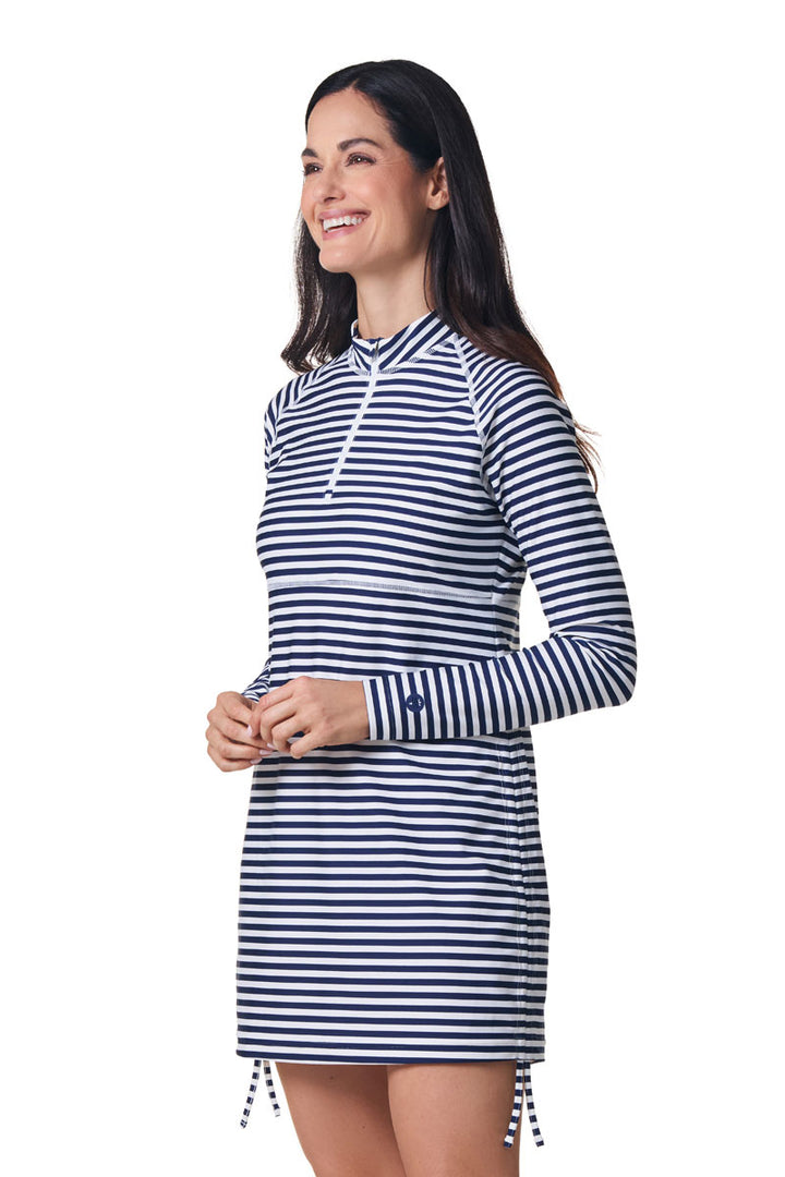 Women's Ruche Long Sleeve Swim Shirt | White/Navy Stripe position-5