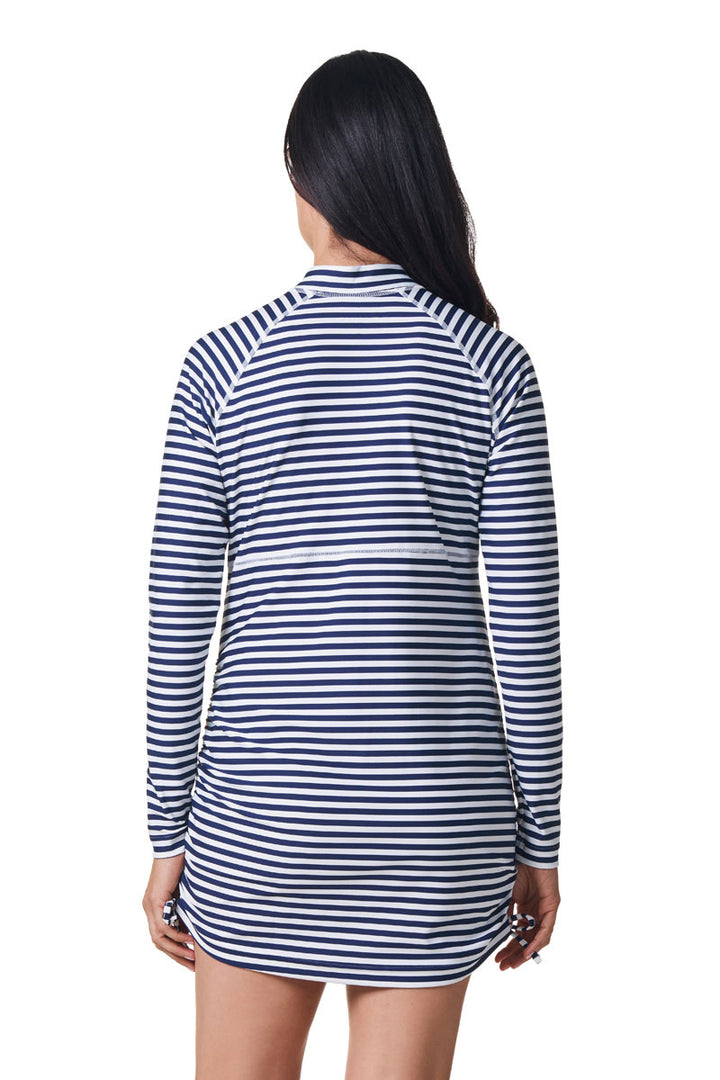 Women's Ruche Long Sleeve Swim Shirt | White/Navy Stripe position-6
