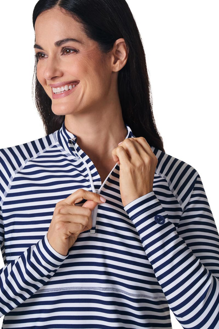 Women's Ruche Long Sleeve Swim Shirt | White/Navy Stripe position-7