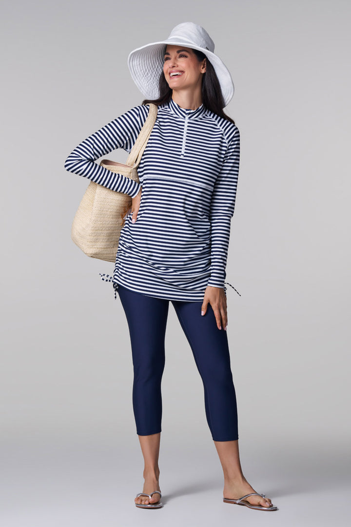 Women's Ruche Long Sleeve Swim Shirt | White/Navy Stripe position-9