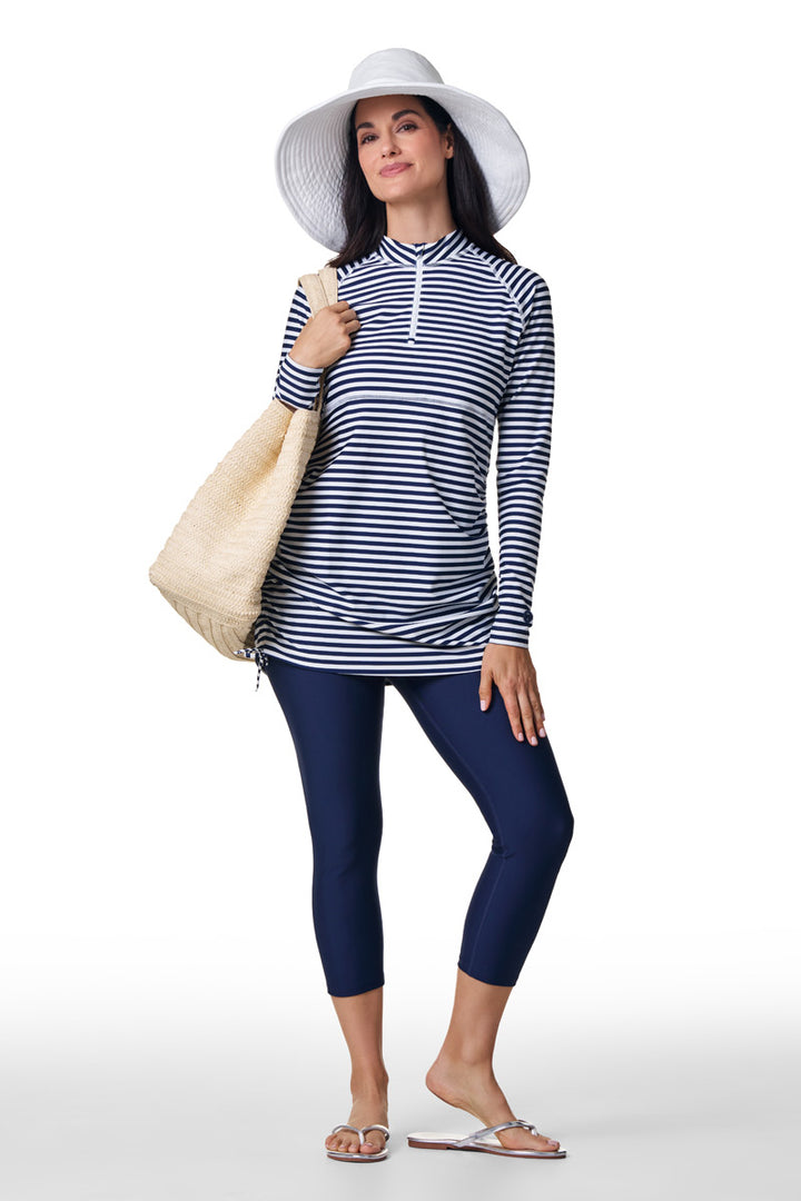 Women's Ruche Long Sleeve Swim Shirt | White/Navy Stripe position-10