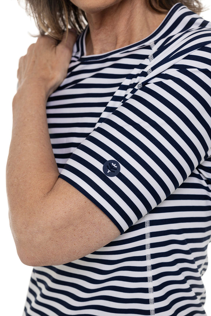 Women's Short Sleeve Swim Shirt | White/Navy Stripe position-4