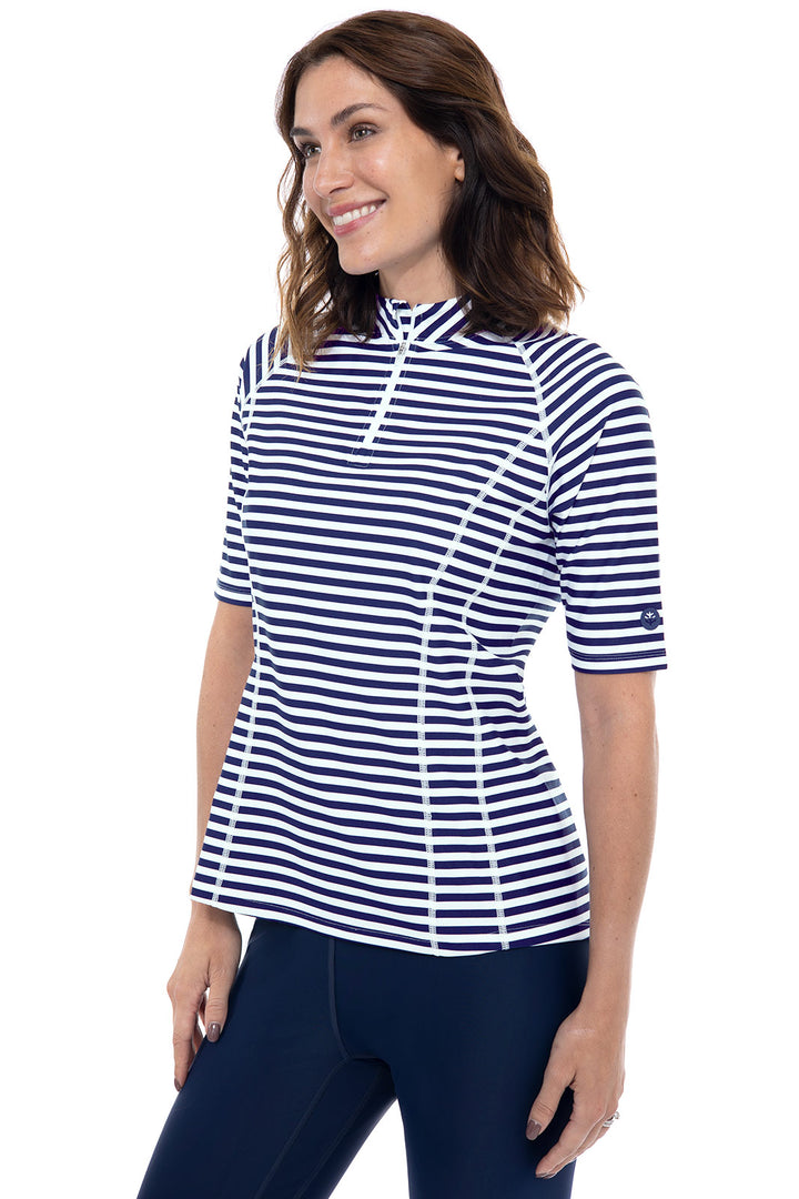 Women's Short Sleeve Rash Guard | White/Navy Stripe position-2