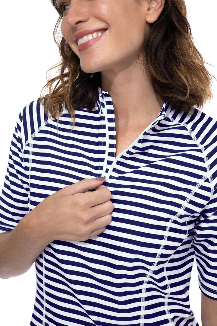Women's Short Sleeve Rash Guard | White/Navy Stripe position-6