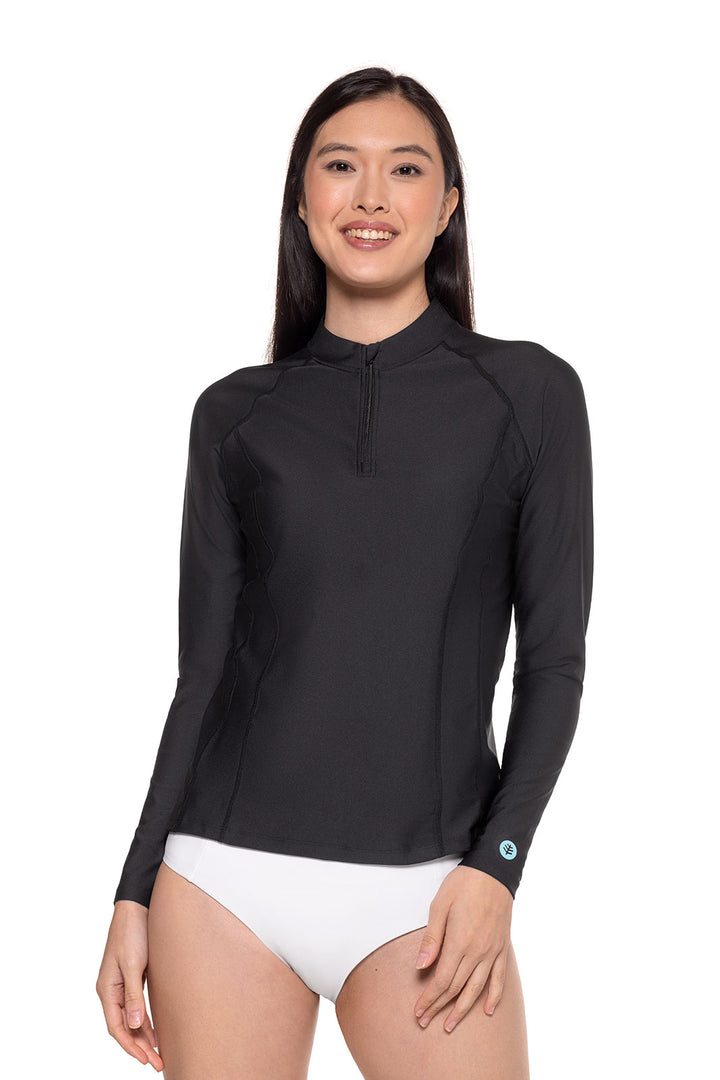 Women's Quarter Zip Rash Guard with Long Sleeves | Black position-1