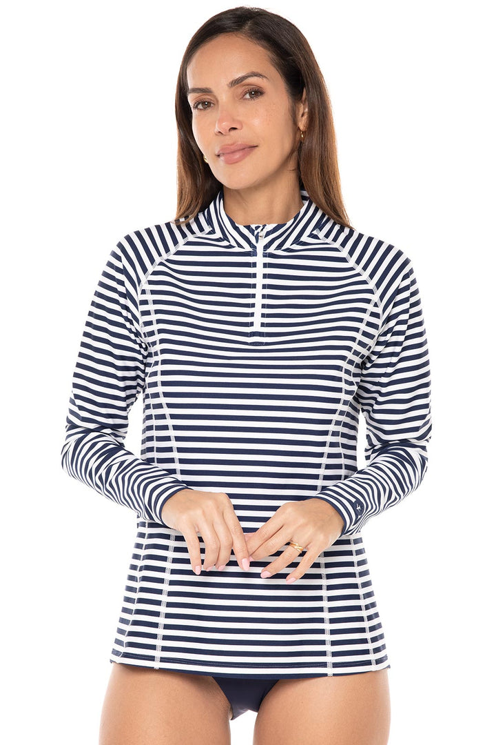 Women's Quarter Zip Rash Guard with Long Sleeves | White/Navy Stripe position-1