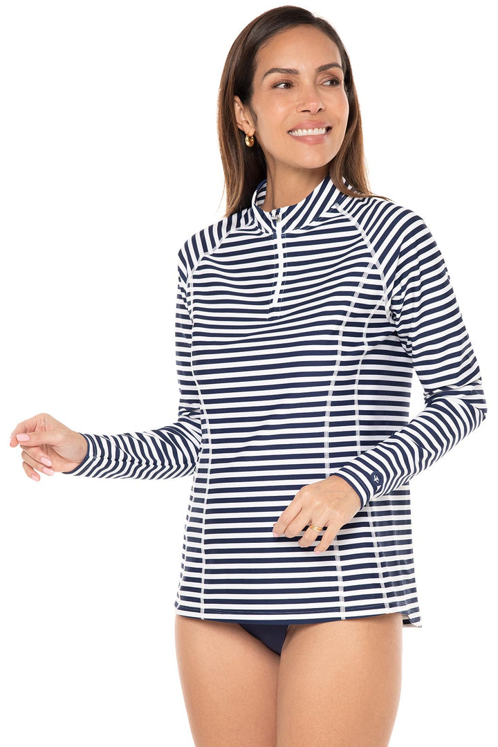 Women's Quarter Zip Rash Guard with Long Sleeves | White/Navy Stripe position-4