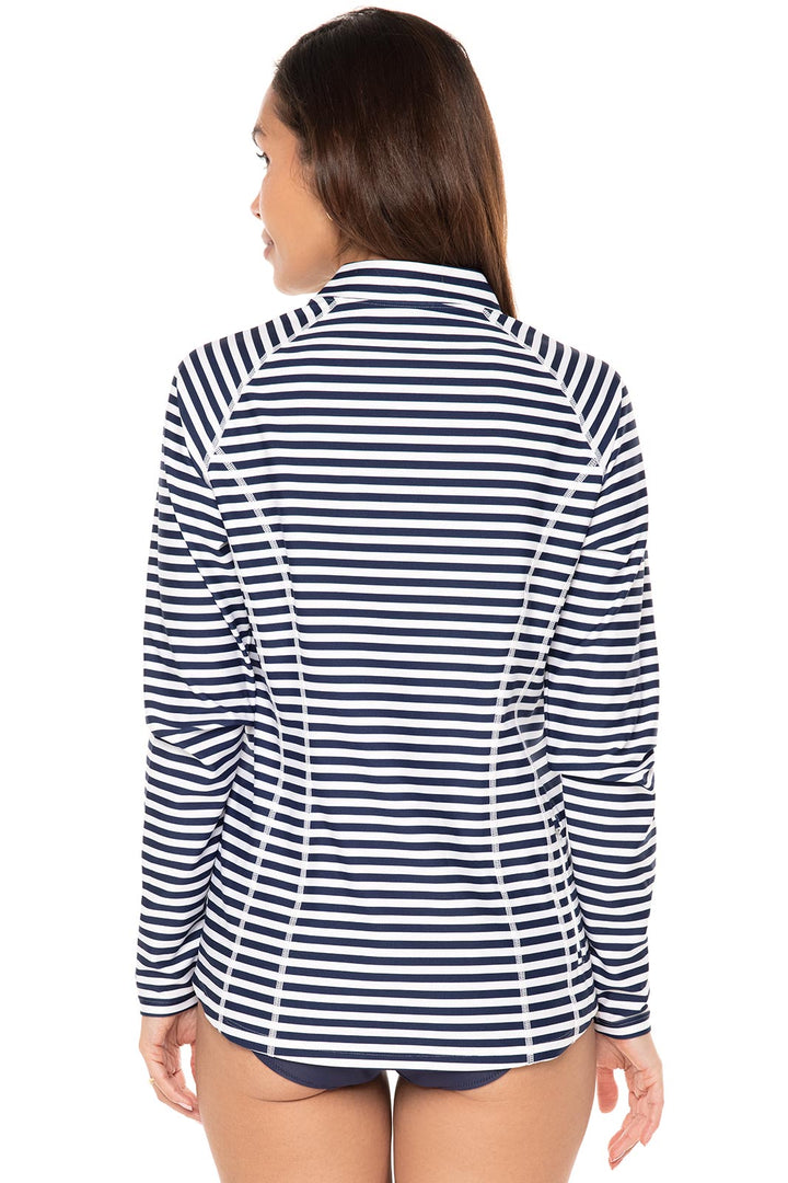 Women's Quarter Zip Rash Guard with Long Sleeves | White/Navy Stripe position-3