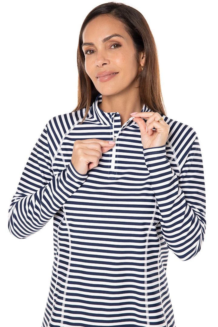 Women's Quarter Zip Rash Guard with Long Sleeves | White/Navy Stripe position-5