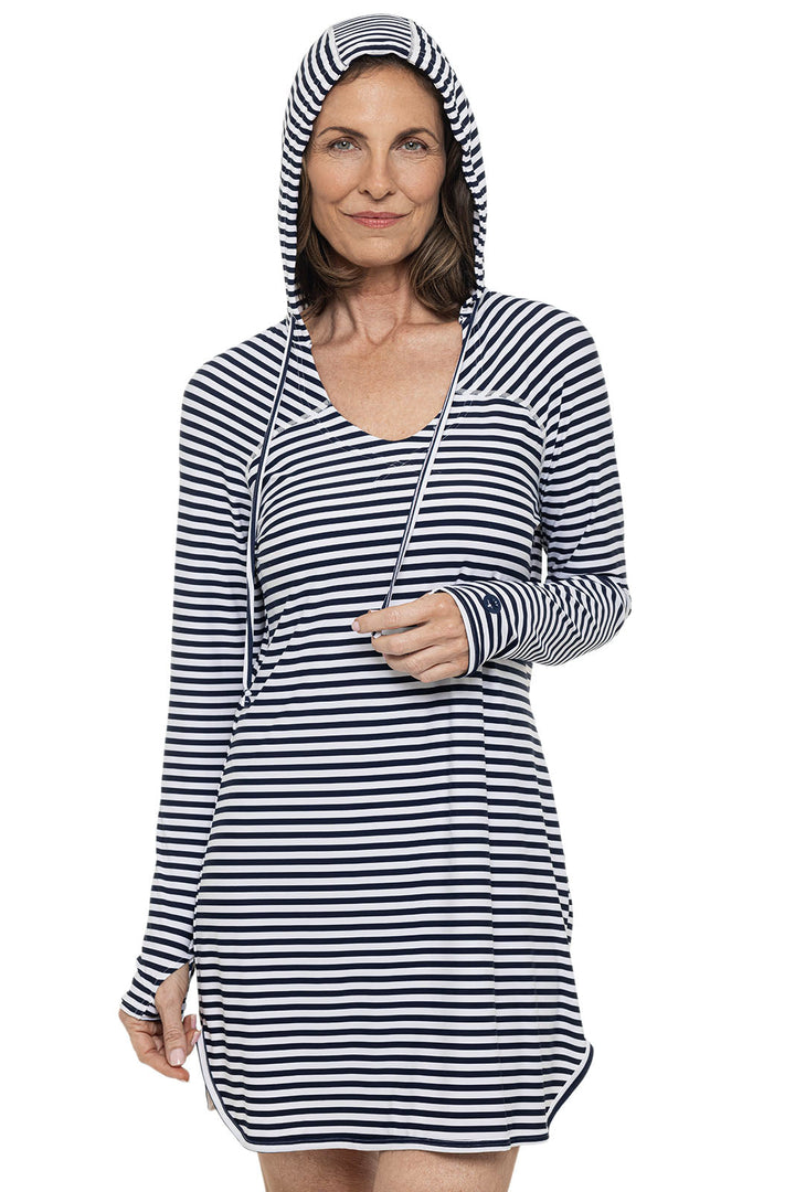 Hoodie Cover-Up Dress | White/Navy Stripe position-3