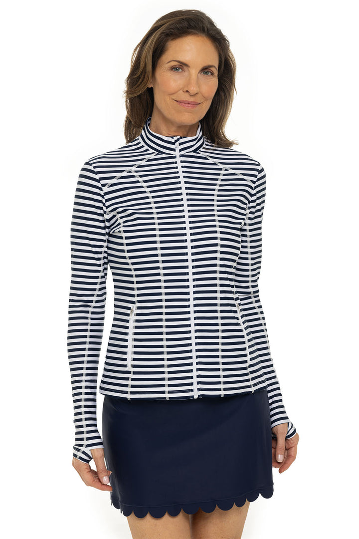 Women's Fitted Swim Jacket with Full Zip | White/Navy Stripe position-7