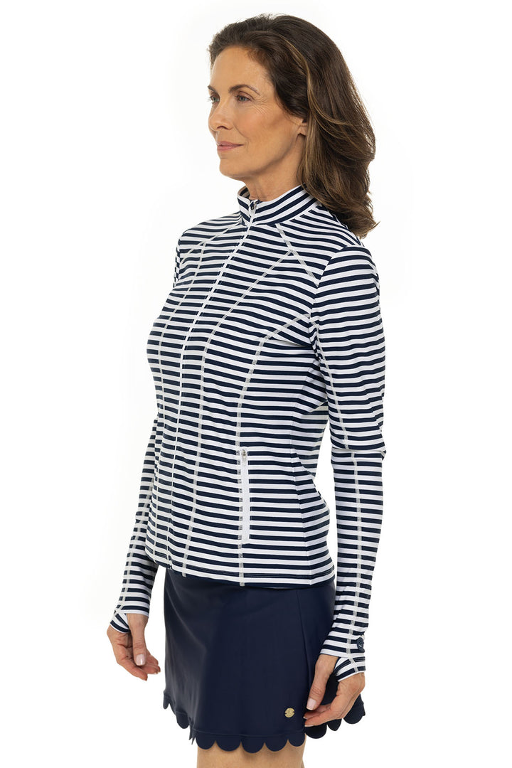 Women's Fitted Swim Jacket with Full Zip | White/Navy Stripe position-3