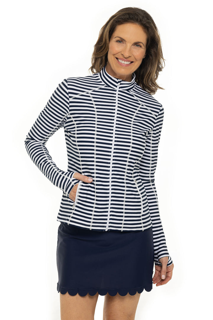 Women's Fitted Swim Jacket with Full Zip | White/Navy Stripe position-1