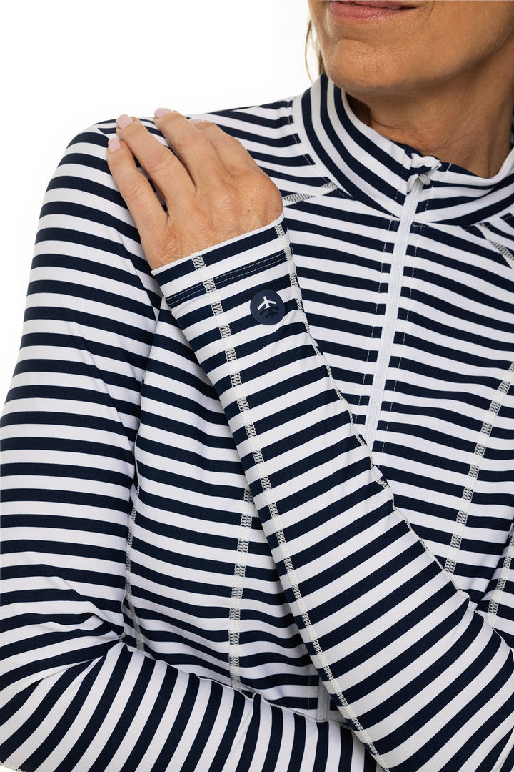 Women's Fitted Swim Jacket with Full Zip | White/Navy Stripe position-6