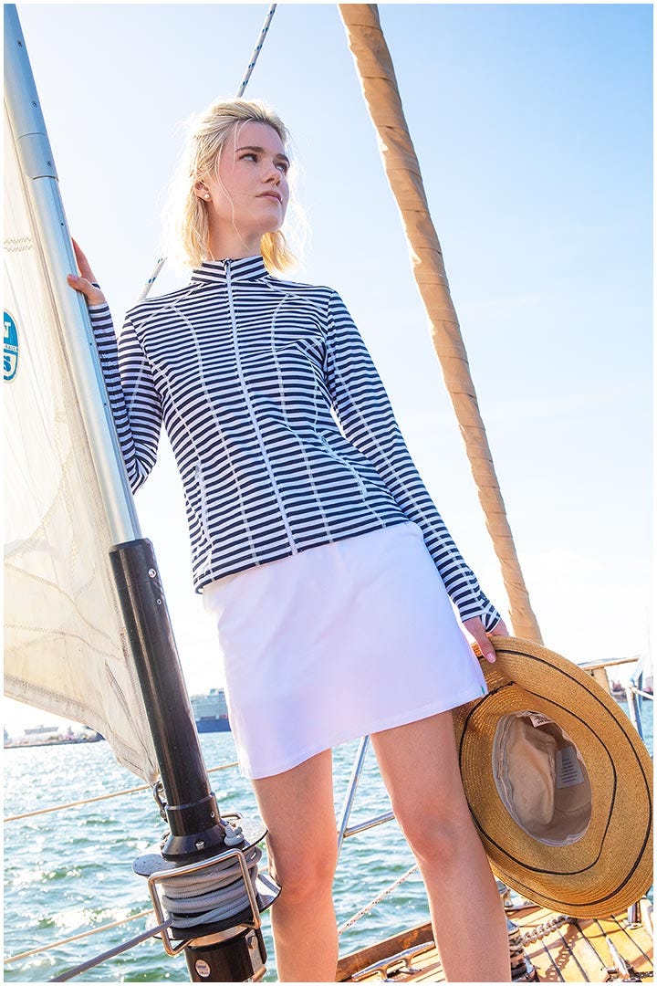 Women's Fitted Swim Jacket with Full Zip | White/Navy Stripe position-8