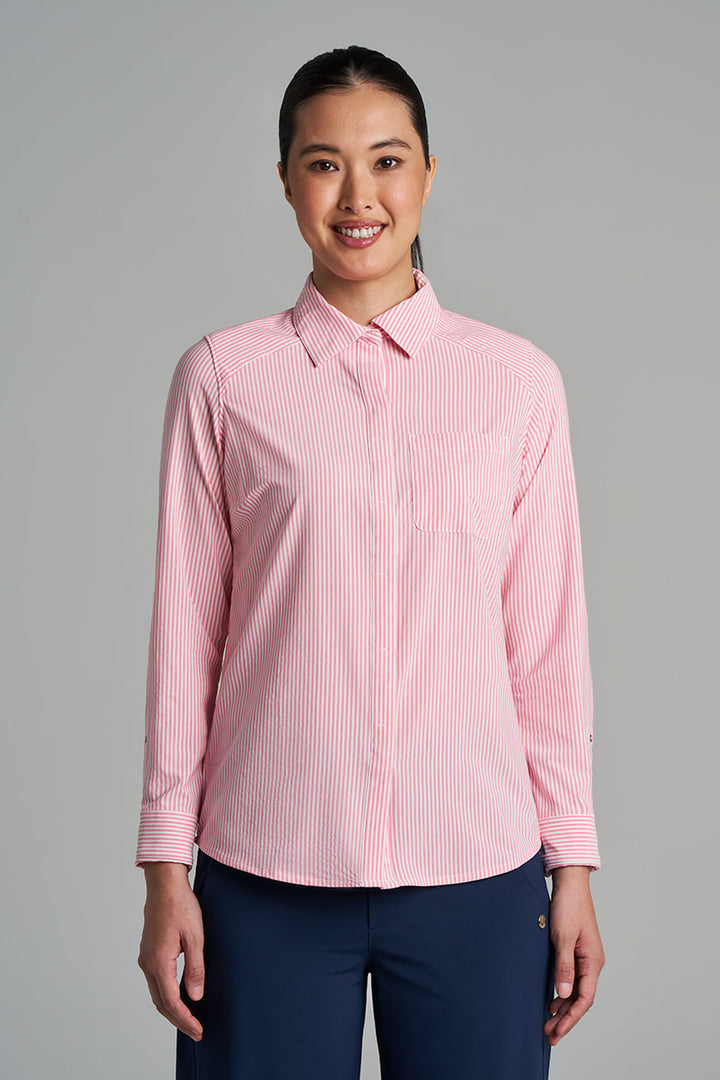 Women's Smart Long Sleeve Shirt | White/Flamingo Pink Stripe position-1