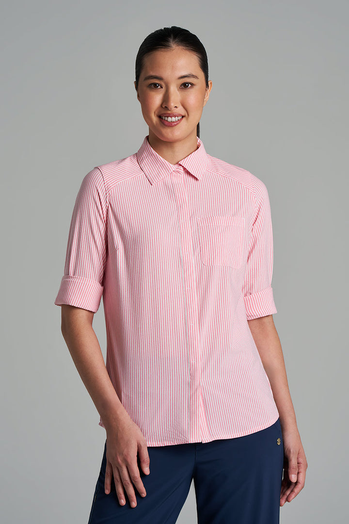 Women's Smart Long Sleeve Shirt | White/Flamingo Pink Stripe position-2