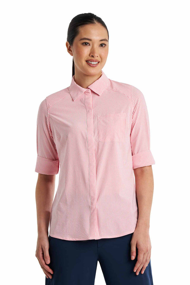Women's Smart Long Sleeve Shirt | White/Flamingo Pink Stripe position-3