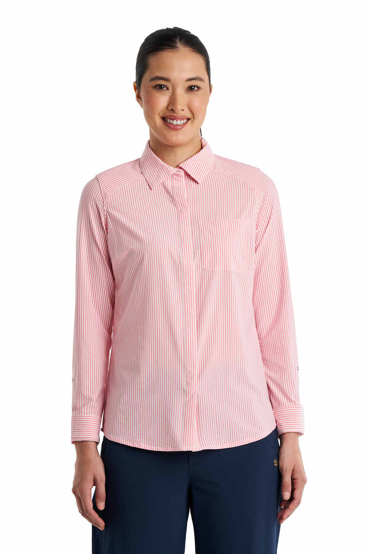 Women's Smart Long Sleeve Shirt | White/Flamingo Pink Stripe position-4