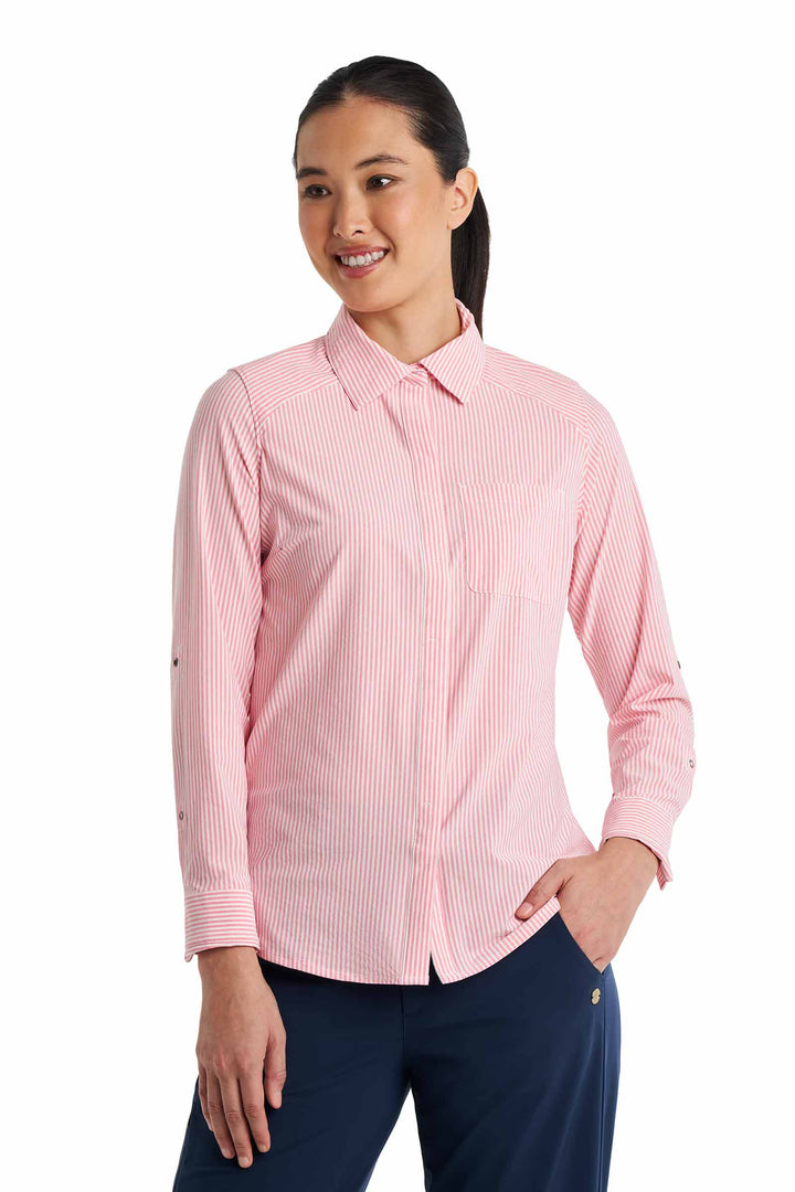 Women's Smart Long Sleeve Shirt | White/Flamingo Pink Stripe position-5