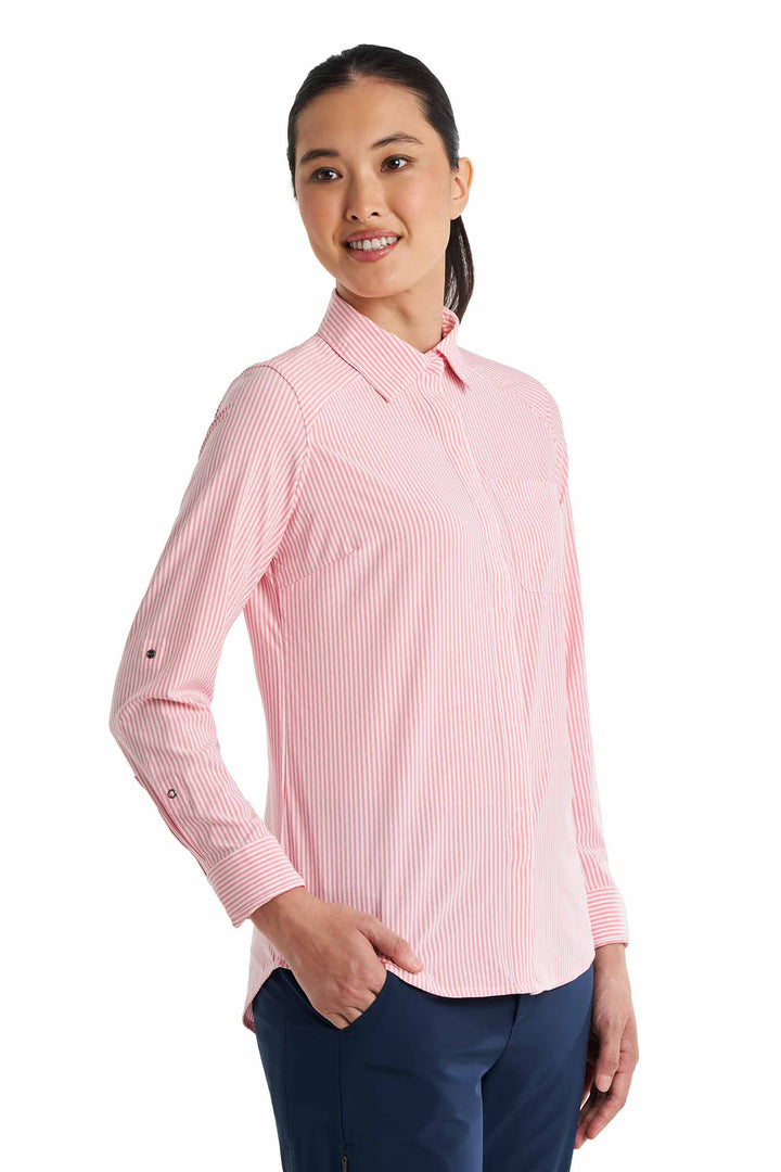 Women's Smart Long Sleeve Shirt | White/Flamingo Pink Stripe position-6