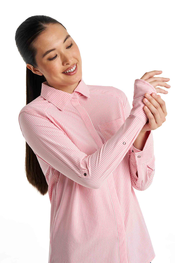 Women's Smart Long Sleeve Shirt | White/Flamingo Pink Stripe position-9