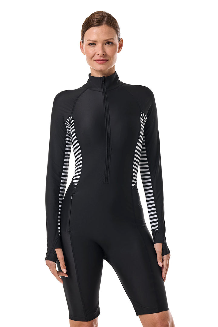 Knee Length Long Sleeve Swimsuit | Black Colorblock position-2