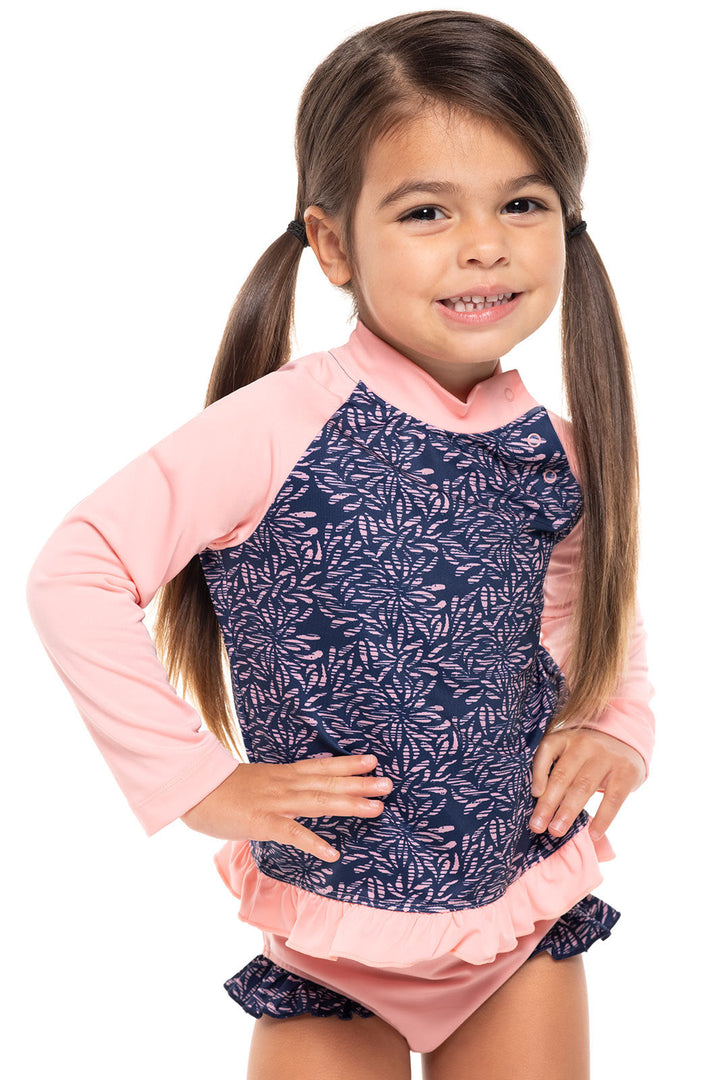 Girls Baby Swim Rash Guard Set | Peachy Pink Etched Flowers position-1
